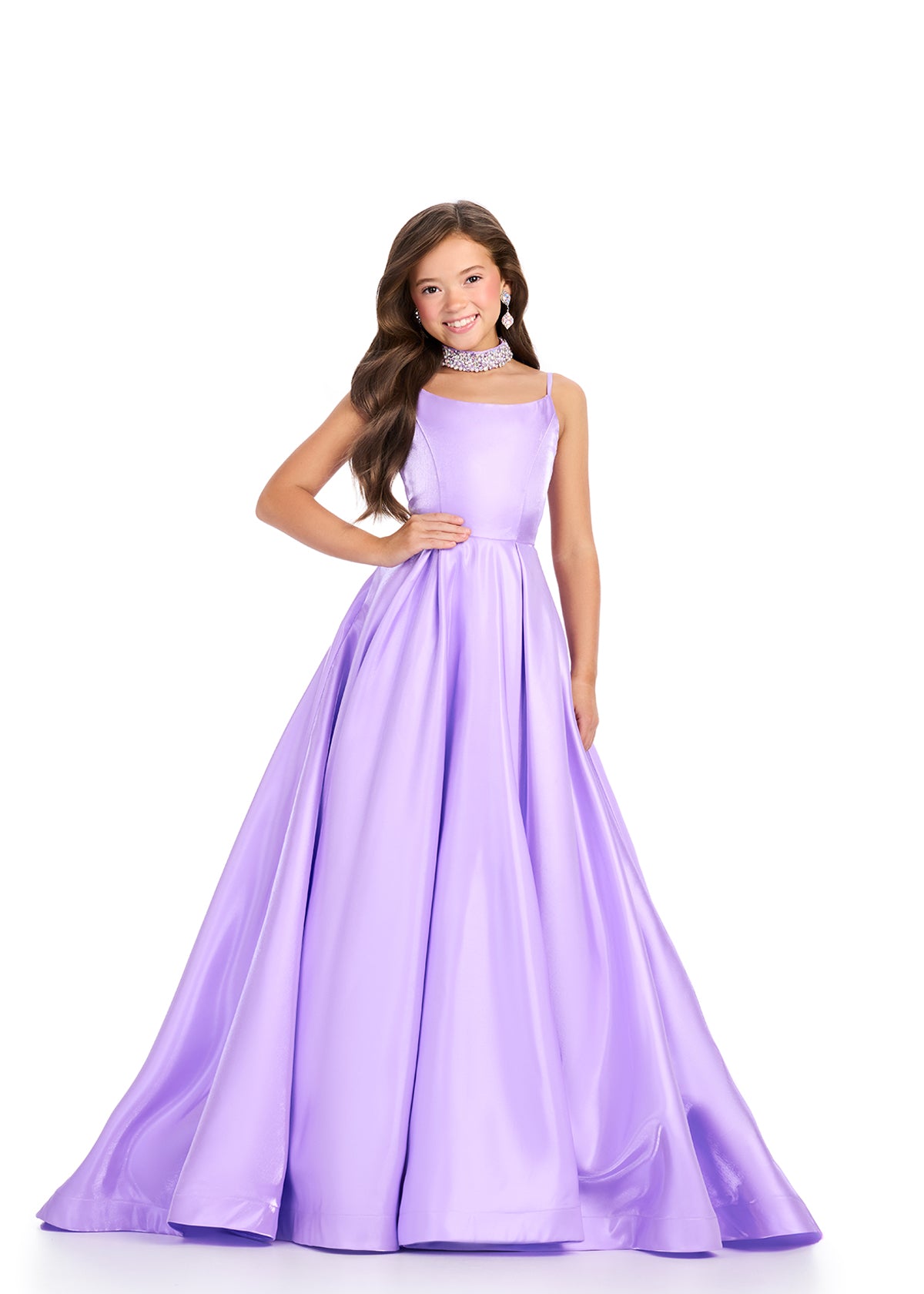 Orchid ASHLEYlauren 8275 elegant satin kids ball gown featuring delicate spaghetti straps, an A-line skirt, a matching fully beaded choker, and a sweep train for a timeless and sophisticated look.