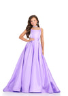 Orchid ASHLEYlauren 8275 elegant satin kids ball gown featuring delicate spaghetti straps, an A-line skirt, a matching fully beaded choker, and a sweep train for a timeless and sophisticated look.