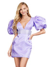 Orchid ASHLEYlauren cocktail dress featuring a V-neckline, oversized puff sleeves, heat set stone-embellished waistband, fitted skirt, and center lace-up back for a bold and glamorous look.