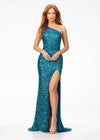 Peacock ASHLEYlauren 11144 – A dazzling one-shoulder sequin gown featuring an asymmetrical lace-up back, left leg slit, and fully hand-beaded design. Perfect for making a statement and turning heads at any event.