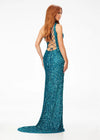 Back - ASHLEYlauren 11144 – A dazzling one-shoulder sequin gown featuring an asymmetrical lace-up back, left leg slit, and fully hand-beaded design. Perfect for making a statement and turning heads at any event.