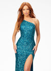 Peacock ASHLEYlauren 11144 – A dazzling one-shoulder sequin gown featuring an asymmetrical lace-up back, left leg slit, and fully hand-beaded design. Perfect for making a statement and turning heads at any event.