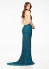 Back - ASHLEYlauren 11177 – An intricately hand-beaded halter gown featuring a stunning beaded motif, low open back, center slit, and a sweeping train. Perfect for making a show-stopping statement at any event.