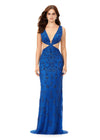 Peacock ASHLEYlauren 11366 stunning hand-beaded gown featuring a deep V-neckline, intricate bead pattern, side cut outs, a lace-up open back, and a sweep train for a bold and glamorous statement look.
