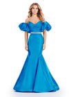Peacock ASHLEYlauren 11419 Strapless Satin Gown with Sweetheart Neckline, Voluminous Puff Sleeves, Mermaid Silhouette, and Sparkling Jeweled Belt