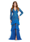 Peacock ASHLEYlauren 11436 stunning fully beaded gown featuring a V-neckline, open back, long sleeves, and a tiered ruffle skirt with a center slit for a show-stopping entrance.