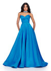 Peacock ASHLEYlauren 11473 elegant A-line satin ball gown featuring a strapless sweetheart neckline, ruched bustier, and a fully beaded matching choker for a timeless and glamorous look.