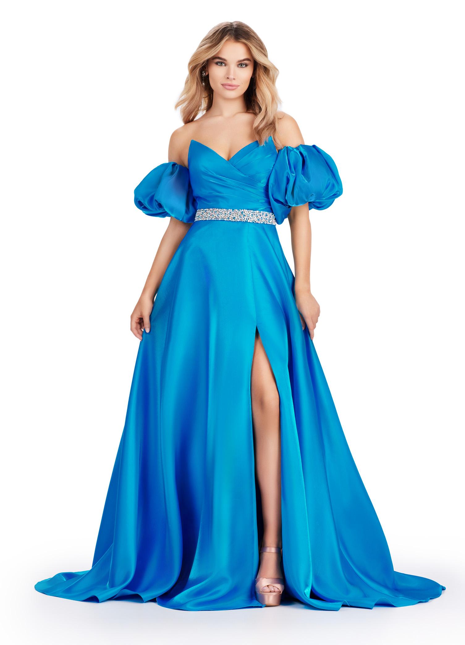 Peacock ASHLEYlauren 11474 strapless satin ball gown with sweetheart neckline, beaded belt, left leg slit, and detachable puff sleeves