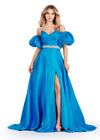 Peacock ASHLEYlauren 11474 strapless satin ball gown with sweetheart neckline, beaded belt, left leg slit, and detachable puff sleeves
