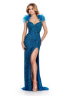 Peacock ASHLEYlauren 11586 Fully Beaded Gown with Sweetheart Neckline, Feather Shoulder Straps, and Left Leg Slit