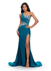 Peacock ASHLEYlauren 11617 Elegant One Shoulder Jersey Gown with Glamorous Beaded Corset Bustier, Ruched Hip Detail, and Left Leg Slit