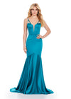 Peacock ASHLEYlauren 11644 Fitted Satin Gown with Corset Bustier, Illusion V-Neckline, Spaghetti Straps, and Beaded Accents