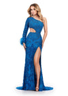 Peacock ASHLEYlauren 11649 One Shoulder Fully Beaded Gown with Intricate Beading, Side Cut Out, Feather Cuff Detail, Left Leg Slit, and Sweep Train