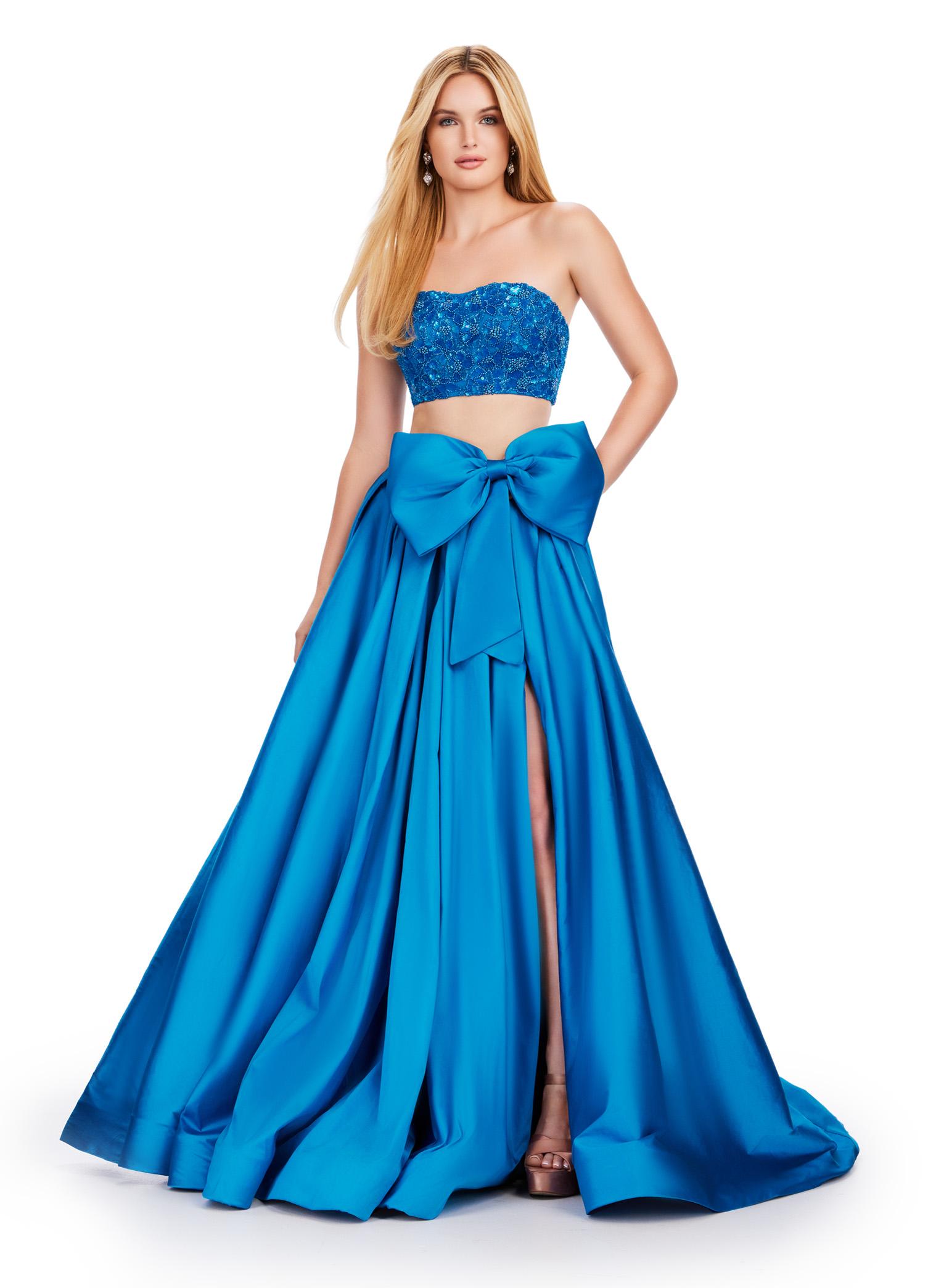 Peacock ASHLEYlauren 11650 Two-Piece Ball Gown with Intricately Beaded Strapless Bustier, A-Line Taffeta Skirt, and Statement Oversized Bow Detail