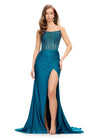 Peacock ASHLEYlauren 11690 Glamorous Strapless Gown with Exposed Corset Boning Encrusted in Press On Stones, Ruched Skirt, and Left Leg Slit