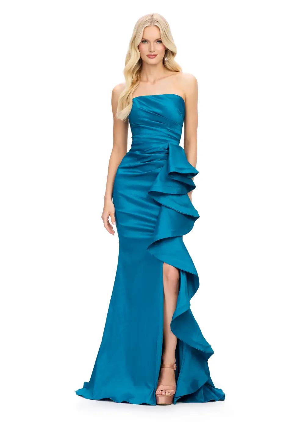 Peacock ASHLEYlauren 11751 Strapless Taffeta Gown with Elegant Ruched Bodice, Dramatic Cascading Ruffle Detail, and Left Leg Slit