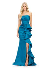 Peacock ASHLEYlauren 11751 Strapless Taffeta Gown with Elegant Ruched Bodice, Dramatic Cascading Ruffle Detail, and Left Leg Slit