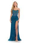 Peacock ASHLEYlauren 11830 dazzling fully hand-beaded gown featuring a sweetheart neckline, corset bustier, left leg slit, and a horsehair-trimmed skirt for a glamorous and elegant look.