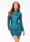 Peacock ASHLEYlauren 4252 fully beaded cocktail dress featuring long sleeves, a modern high neckline, fitted silhouette, and a sexy open back for a striking evening look.