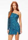 Peacock ASHLEYlauren 4498 fitted one shoulder cocktail dress featuring an intricate peacock-inspired sequin bead pattern, single sleeve, and a front left leg slit for a bold and elegant look.