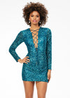 Peacock ASHLEYlauren 4512 fully sequin hand-beaded cocktail dress featuring a lace-up bustier, long sleeves, and a fitted skirt for a bold and glamorous look.