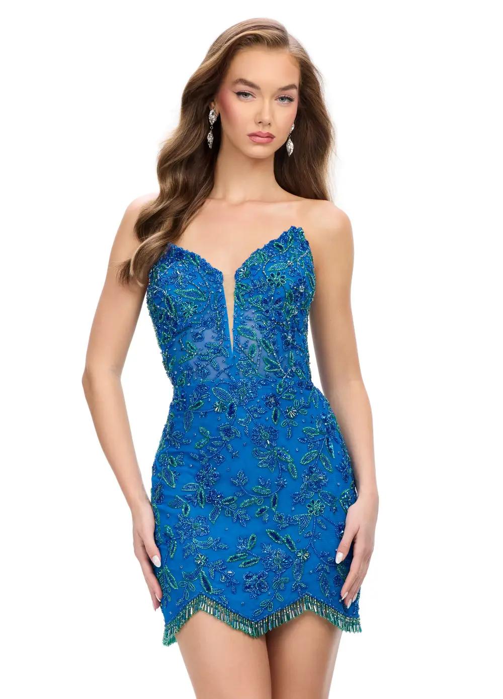 Peacock ASHLEYlauren 4703 Strapless Hand Beaded Cocktail Dress with Illusion V-Neckline and Trim Details