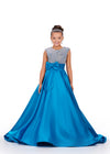 Peacock ASHLEYlauren 8247 adorable kids ball gown featuring a fully embellished cap sleeve bodice, ruched waistline, and a full satin skirt accented with a bow for a charming and elegant look.