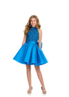 Peacock ASHLEYlauren 8286 Halter Neck Cocktail Dress with Fully Beaded Bustier, Taffeta A-Line Skirt, and Oversized Bow