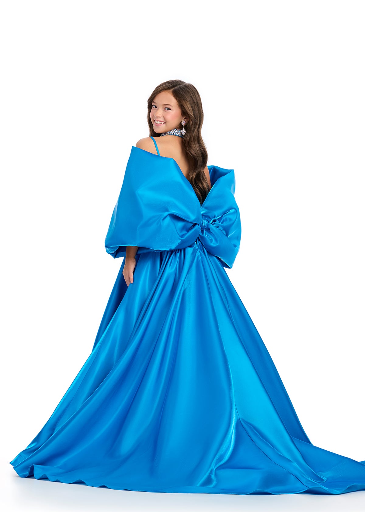 Back - Peacock ASHLEYlauren 8321 Satin Bow Overskirt with Oversized Bow and Back Skirt Detail