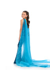 Back - Peacock ASHLEYlauren 8312 Jersey Jumpsuit with Halter Neckline, Open Back, Press-On Beading, and Flowing Organza Cape