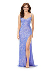 Periwinkle ASHLEYlauren 11342 sequin gown featuring double spaghetti straps, a sweetheart neckline, lace-up back with beaded fringe tassels, and a left leg slit for a glamorous and elegant look.
