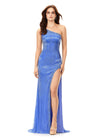 Periwinkle ASHLEYlauren 11352 liquid beaded gown featuring a one shoulder neckline with crystal trim, a left leg slit, and a sweep train for an elegant and sophisticated look.