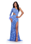 Periwinkle ASHLEYlauren 11649 One Shoulder Fully Beaded Gown with Intricate Beading, Side Cut Out, Feather Cuff Detail, Left Leg Slit, and Sweep Train