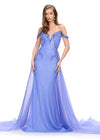 Periwinkle ASHLEYlauren 11767 Fully Beaded Gown with Sweetheart Neckline, Beaded Off Shoulder Bow Straps, and Flowing Organza Overskirt for a Regal Look