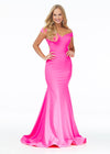 Pink ASHLEYlauren 11025 off shoulder scuba gown featuring a sweetheart neckline, signature crisscross strappy back, fitted silhouette, and a sweep train for an elegant and sophisticated look.