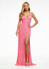 Pink ASHLEYlauren 11037 fully hand-beaded gown featuring adjustable spaghetti straps, a V-neckline, wide waistband to accentuate curves, lace-up back, and a left leg slit for an elegant and figure-enhancing look.