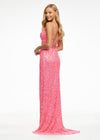 Back - Pink ASHLEYlauren 11037 fully hand-beaded gown featuring adjustable spaghetti straps, a V-neckline, wide waistband to accentuate curves, lace-up back, and a left leg slit for an elegant and figure-enhancing look.
