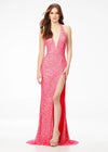 ASHLEYlauren 11065 Hand Beaded Gown with Plunging Halter Neckline, Left Leg Slit, and Low Back