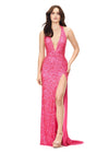 ASHLEYlauren 11065 Hand Beaded Gown with Plunging Halter Neckline, Left Leg Slit, and Low Back