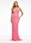 Pink ASHLEYlauren 11081 Hand Beaded Gown with Deep V-Neckline, V-Back, and Illusion Cut Outs
