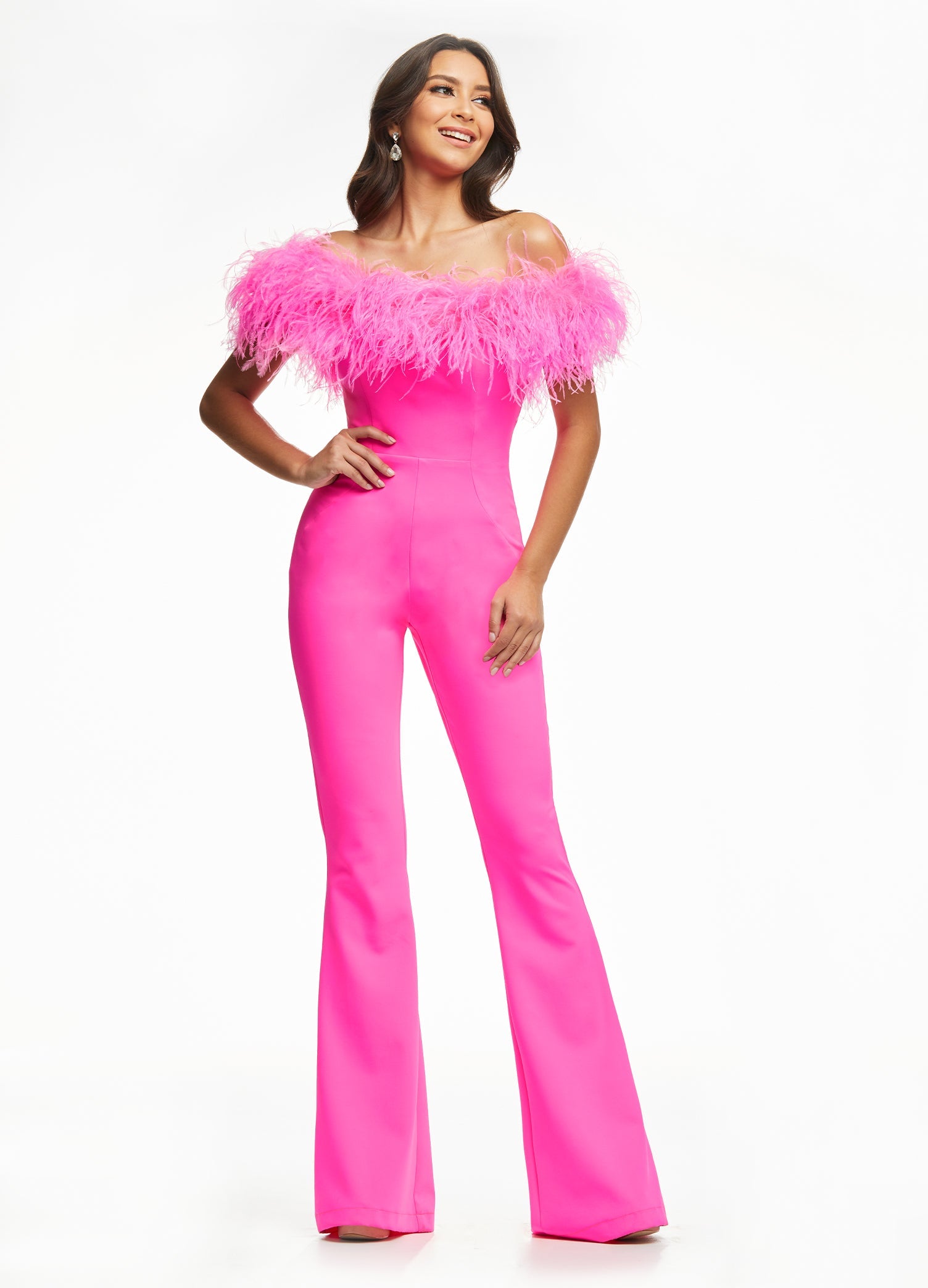 ASHLEYlauren 11100 – A flirty off-shoulder scuba jumpsuit featuring feather details along the neckline and flare pant legs. Perfect for making a stylish statement at your next event.