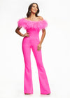 ASHLEYlauren 11100 – A flirty off-shoulder scuba jumpsuit featuring feather details along the neckline and flare pant legs. Perfect for making a stylish statement at your next event.
