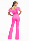 Back - ASHLEYlauren 11100 – A flirty off-shoulder scuba jumpsuit featuring feather details along the neckline and flare pant legs. Perfect for making a stylish statement at your next event.