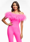 ASHLEYlauren 11100 – A flirty off-shoulder scuba jumpsuit featuring feather details along the neckline and flare pant legs. Perfect for making a stylish statement at your next event.