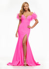 Pink ASHLEYlauren 11101 Off-Shoulder Scuba Gown with Sweetheart Neckline, Feather Accents, and Left Leg Slit