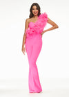 Pink ASHLEYlauren 11106 Scuba Jumpsuit with One-Shoulder Design, Organza Ruffle, and Feather Accents for a Fun and Flirty Look
