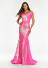Pink ASHLEYlauren 11107 Off-Shoulder Sequin Gown with Criss-Cross Open Back, Fit & Flare Silhouette, and Horsehair Hem