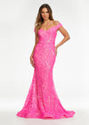 Pink ASHLEYlauren 11115 elegant off shoulder stretch sequin gown featuring a signature criss-cross open back, fitted silhouette, and horsehair hem for a glamorous and sophisticated finish.