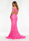 Back - Pink ASHLEYlauren 11115 elegant off shoulder stretch sequin gown featuring a signature criss-cross open back, fitted silhouette, and horsehair hem for a glamorous and sophisticated finish.
