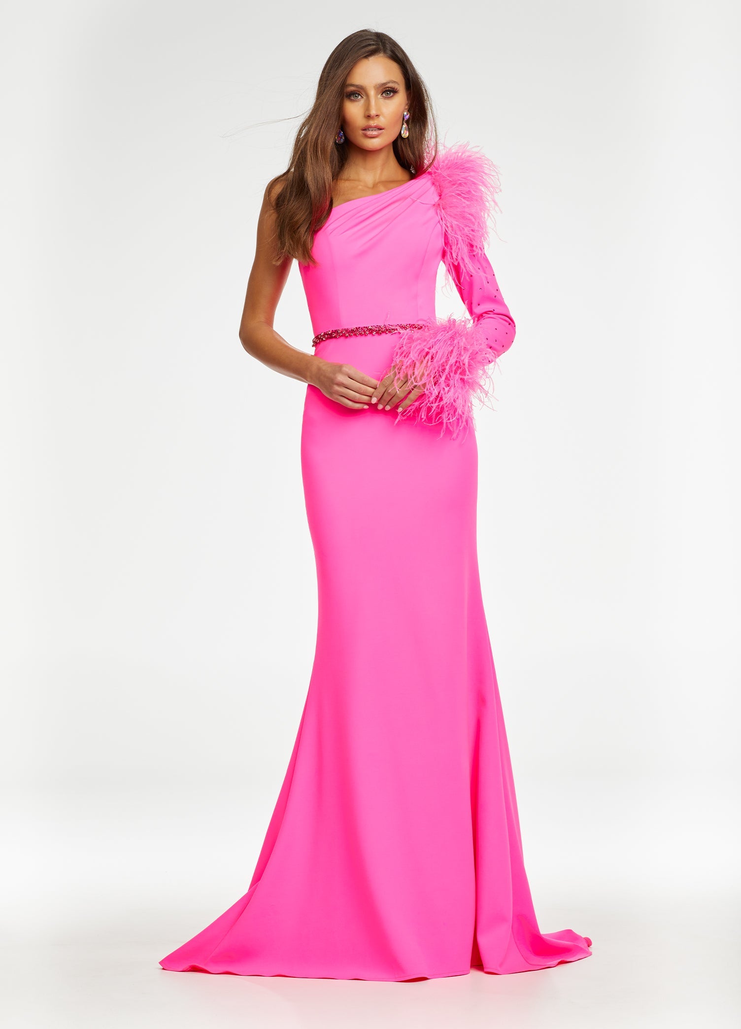 Pink ASHLEYlauren 11131 One-Shoulder Scuba Gown with Feather Details, Heat-Set Stones, Crystal Belt, and Elegant Train